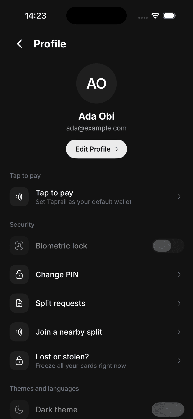 Taprail security settings: biometric lock, change PIN, freeze all cards